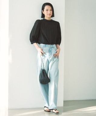 UNFILO ストライプレース 2WAY パフスリーブブラウス ブラック