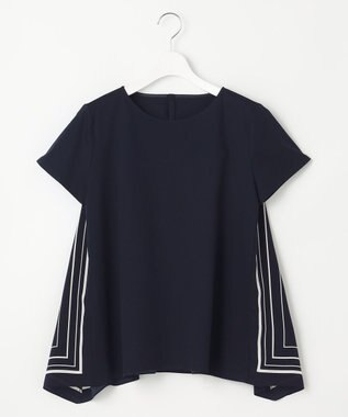 23区 【洗える】スカーフプリントコンビ バックデザイン カットソー ネイビーxオフホワイト