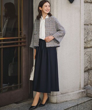 23区 GIOLICAツイード ノーカラー ジャケット ブルーミックス