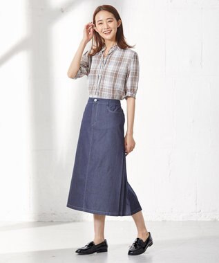 J.PRESS LADIES 【洗える】キュプラチェック フリルスタンドカラー ブラウス ベージュ系3