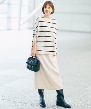 自由区 L 【WEB限定カラーあり】レーヨンストレッチ ニットT ベージュ×ブラック(ボーダー)