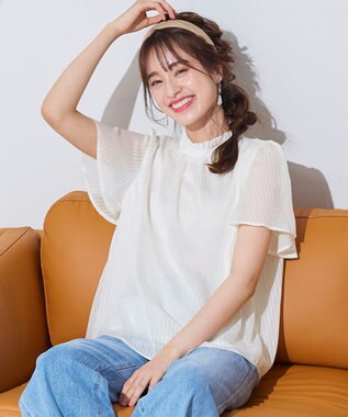 Tiaclasse 【洗える】大人上品なシフォンジャガードフリルカラーブラウス オフホワイト