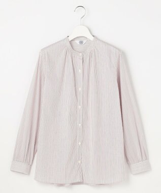 J.PRESS LADIES BEZ ドビーストライプ バンドカラー ブラウス ホワイト×ピンク×スレート系