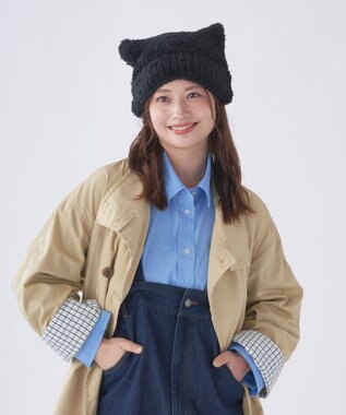 MOONBAT estaa(エスタ) ボリュームヘアリー 猫耳シャロット ニット帽 帽子 ブラック