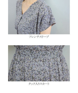 Tiaclasse L 【洗える】程良い透け感のシフォン花柄フレンチワンピース ブルーグレー