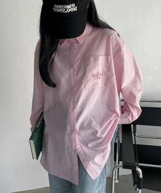 WEGO 【冷房対策】刺繍ストライプBIGシャツ ピンク