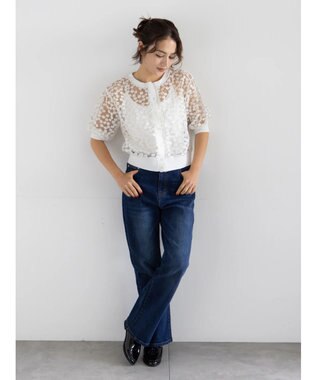 Te chichi エンブロイダリー半袖クルーカーディガン オフホワイト