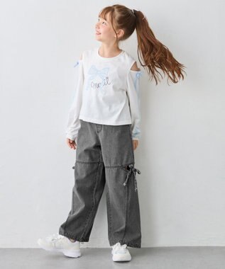 ANY KIDS 肩開きライン入り リボン長袖Tシャツ ホワイト