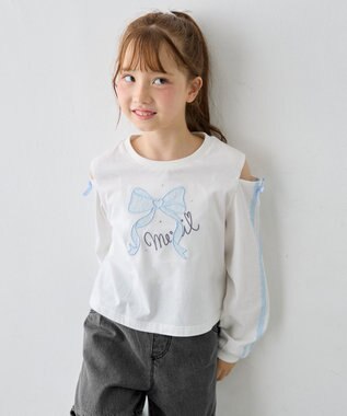 ANY KIDS 肩開きライン入り リボン長袖Tシャツ