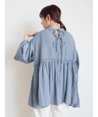 CRAFT STANDARD BOUTIQUE 後リボン切替ギャザーチュニックブラウス Blue