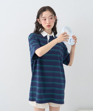 earth music&ecology ボーダールーズラガーシャツ Navy