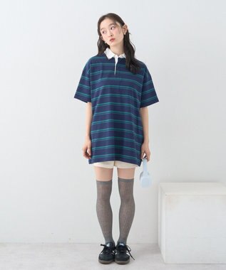 earth music&ecology ボーダールーズラガーシャツ Navy