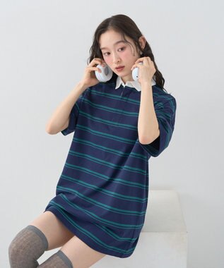 earth music&ecology ボーダールーズラガーシャツ Navy