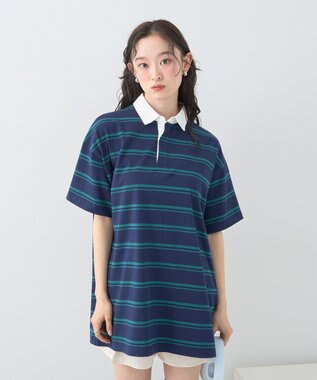 earth music&ecology ボーダールーズラガーシャツ Navy