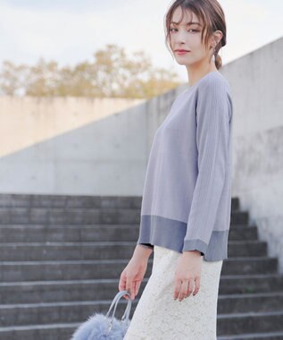 Tiaclasse 【洗える】 配色スリットニットトップス サックス