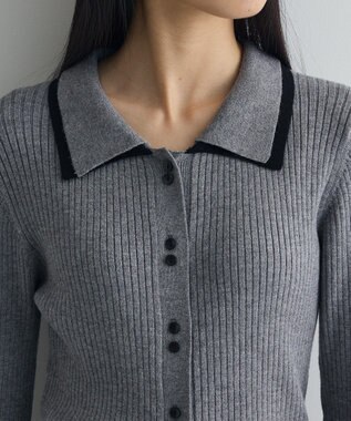 Green Parks 配色レイヤードポロリブニットカーディガン Gray Mixture