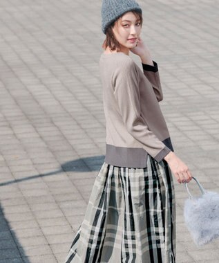 Tiaclasse 【洗える】 配色スリットニットトップス グレージュ