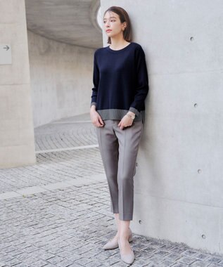 Tiaclasse 【洗える】 配色スリットニットトップス ネイビー