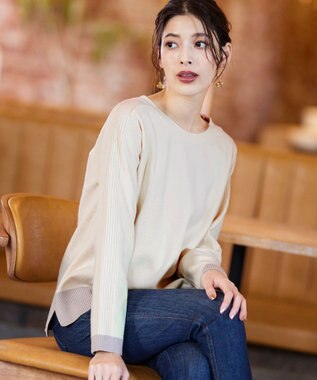 Tiaclasse 【洗える】 配色スリットニットトップス オフホワイト