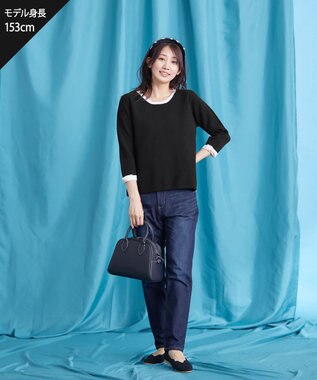 Tiaclasse 【洗える】リボン袖配色ニットトップス ブラック×オフホワイト