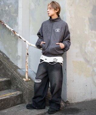 WEGO 【ユニセックス着用ITEM/MLサイズ展開】フェイクスウェードロゴスウィングトップ ブラック中濃色