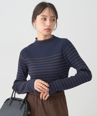 earth music&ecology ハイネックリブニットプルオーバー Border Navy