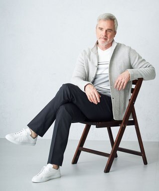 JOSEPH ABBOUD 【滑らかな肌触り】パネルボーダーVネックニット ライトグレー系2