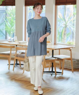 Tiaclasse L 【洗える】ヴィンテージサテンドッキングニットチュニック ブルー