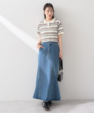 earth music&ecology キラキラボタン透かしニットポロ Border Gray