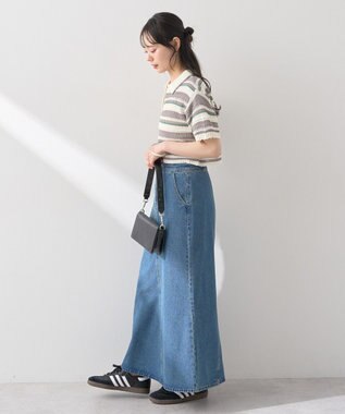 earth music&ecology キラキラボタン透かしニットポロ Border Gray