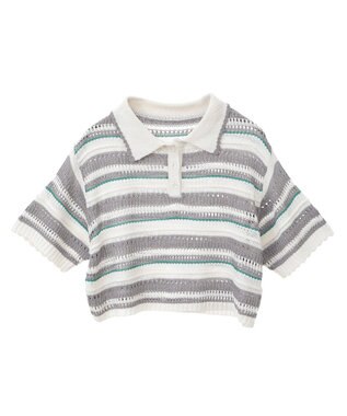 earth music&ecology キラキラボタン透かしニットポロ Border Gray