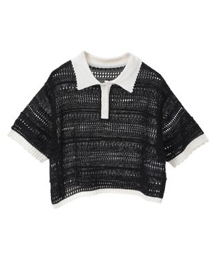 earth music&ecology キラキラボタン透かしニットポロ Black