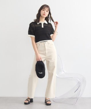 earth music&ecology キラキラボタン透かしニットポロ Black