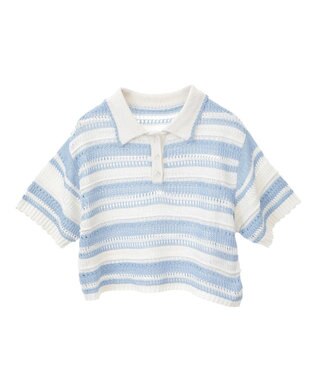 earth music&ecology キラキラボタン透かしニットポロ Border Blue