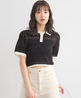 earth music&ecology キラキラボタン透かしニットポロ Black