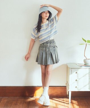 earth music&ecology キラキラボタン透かしニットポロ Border Blue