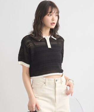 earth music&ecology キラキラボタン透かしニットポロ Black