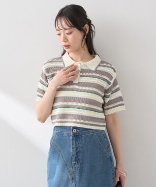 earth music&ecology キラキラボタン透かしニットポロ Border Gray