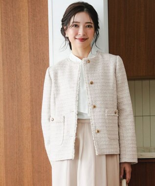 ANY SIS L ノーカラーフリンジツイード ジャケット