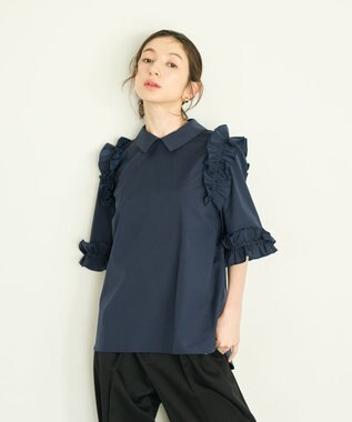 #Newans ロマンティックフリルディテールシャツ ネイビー