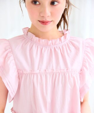Feroux 【洗える】ペプラムシルエットフリルブラウス ピンク系