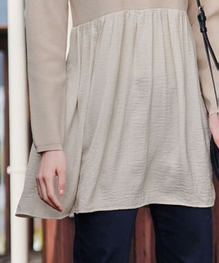 Tiaclasse L 【洗える】ヴィンテージサテンドッキングニットチュニック グレージュ