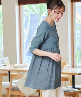 Tiaclasse L 【洗える】ヴィンテージサテンドッキングニットチュニック ブルー