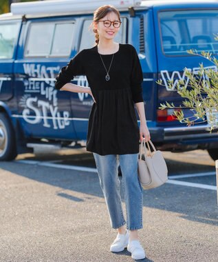 Tiaclasse L 【洗える】ヴィンテージサテンドッキングニットチュニック ブラック