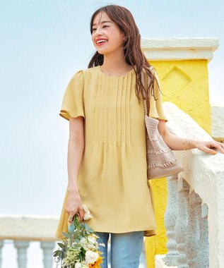 Tiaclasse L 【洗える】麻調ピンタックチュニックブラウス イエロー