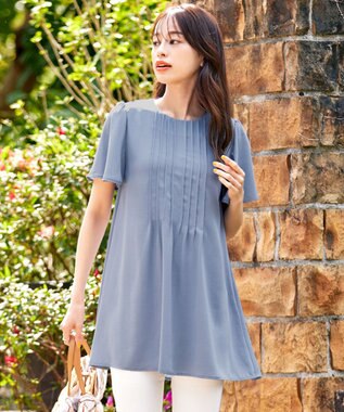 Tiaclasse L 【洗える】麻調ピンタックチュニックブラウス ブルー