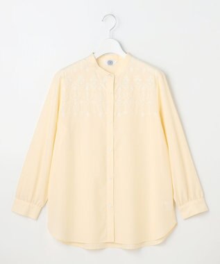 J.PRESS LADIES L ストライプ×エンブロイダリー バンドカラー ブラウス イエロー×ホワイト系