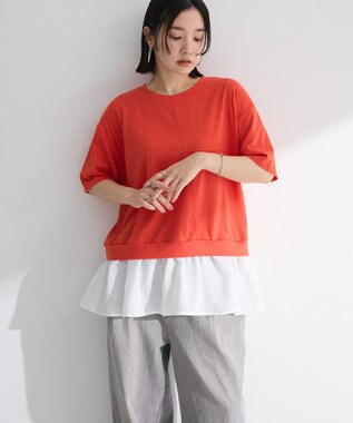 Green Parks 裾フリルドッキング５分袖プルオーバー Red