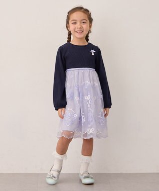 ANY KIDS バレエ刺繍チュールワンピース ネイビー×サックスブルー