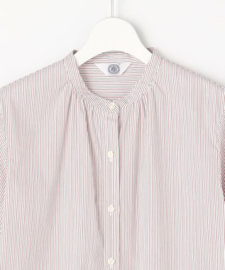 J.PRESS LADIES BEZ ドビーストライプ バンドカラー ブラウス ホワイト×ピンク×スレート系